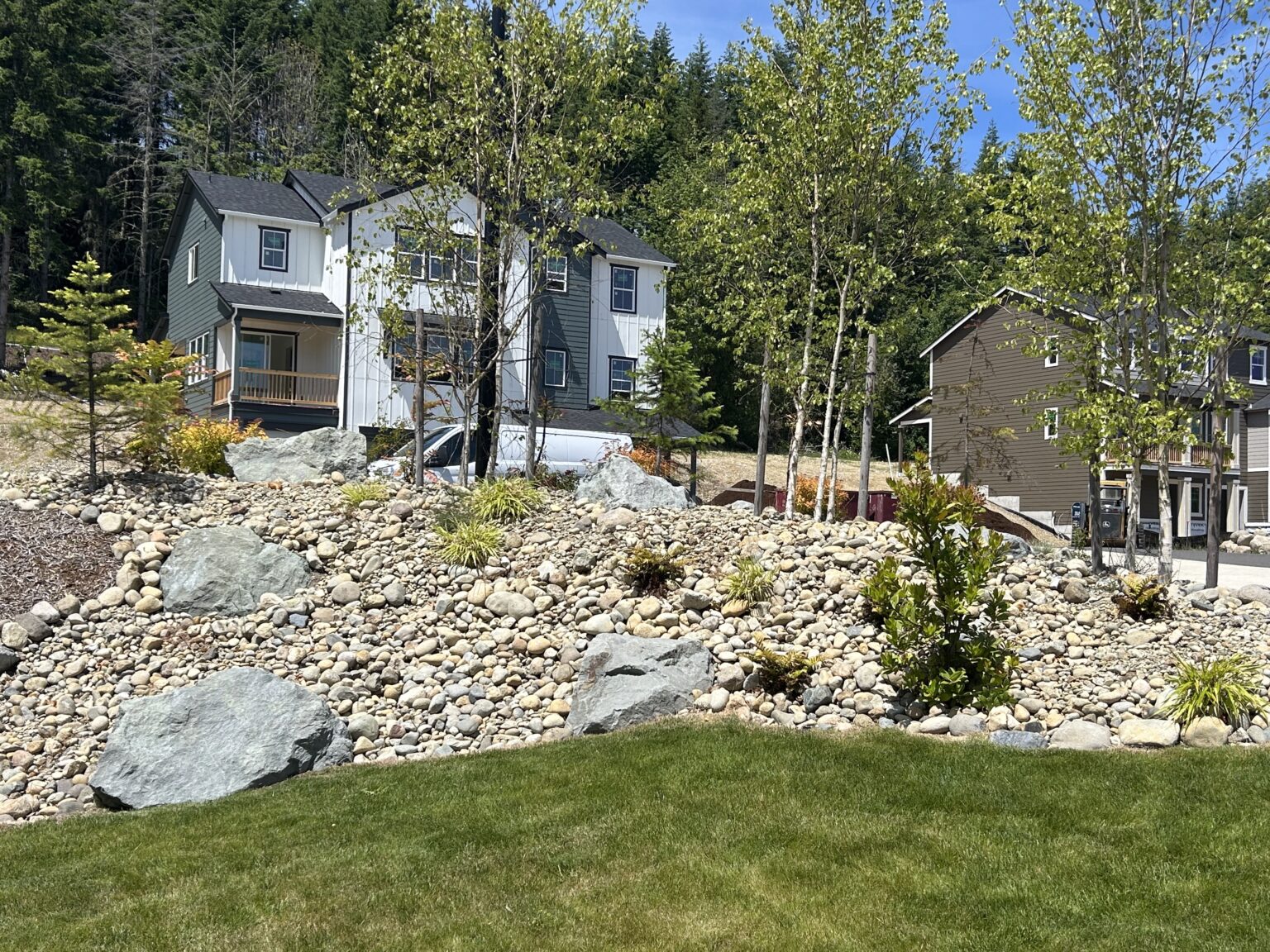 Custom landscape design with rocks and grass in Seattle property