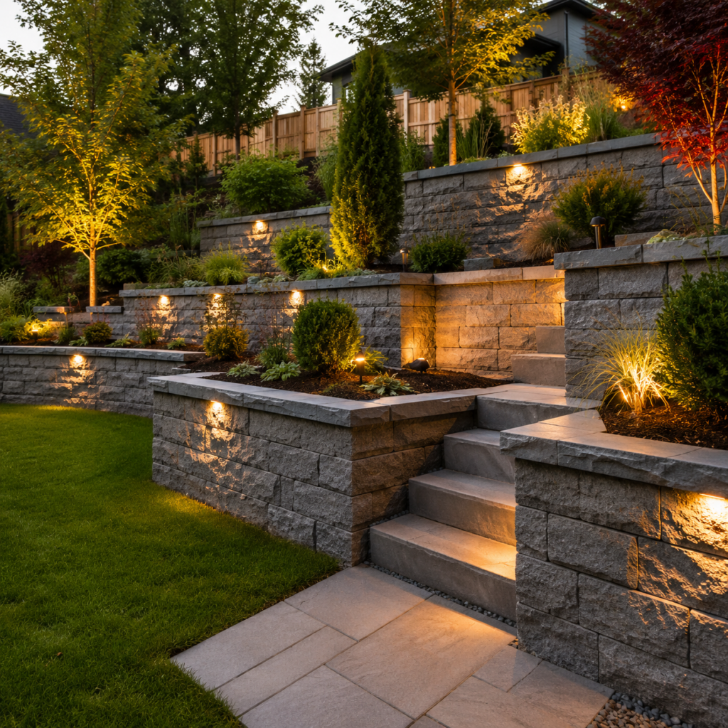 Custom retaining wall in the backyard of a Seattle home