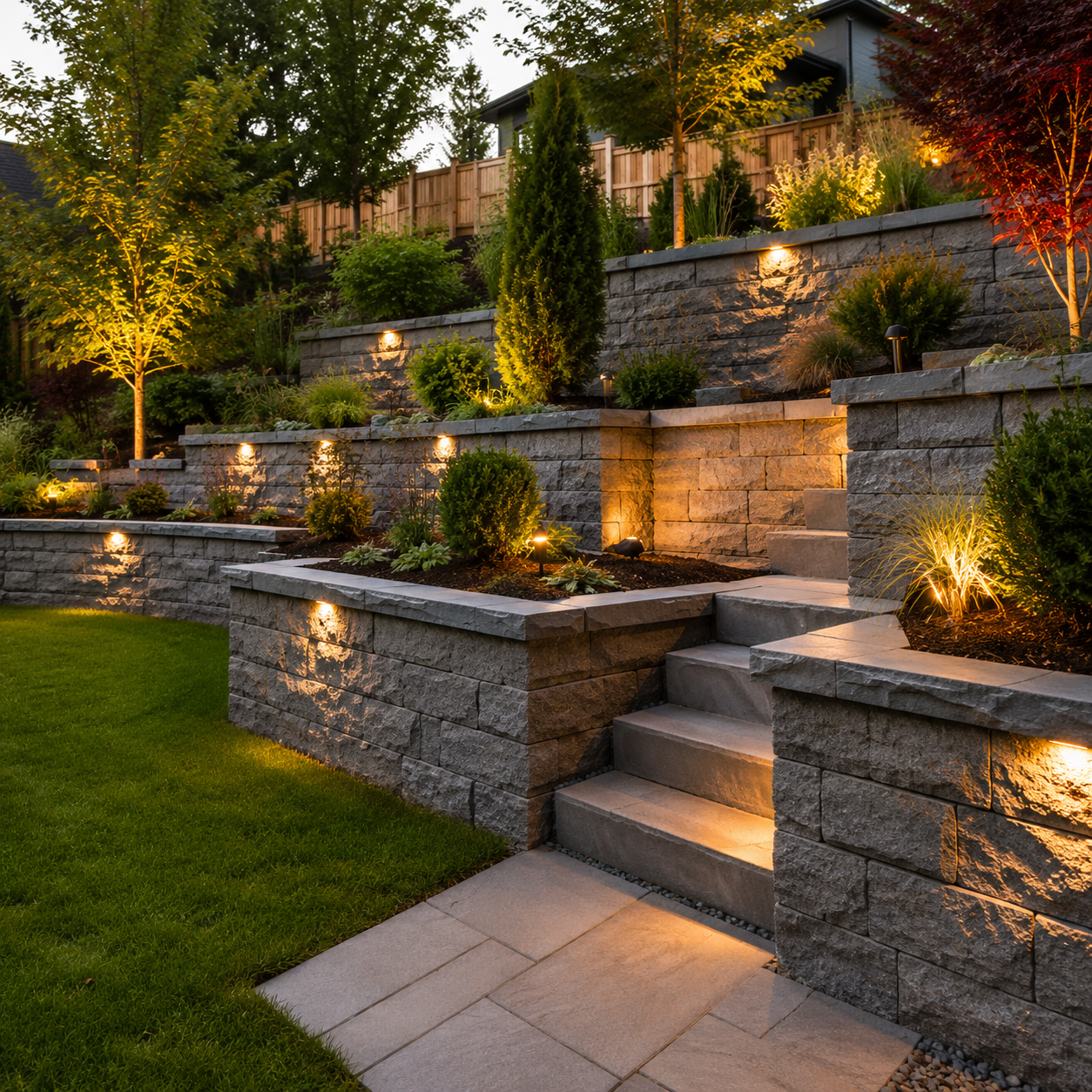 Custom retaining wall in the backyard of a Seattle home