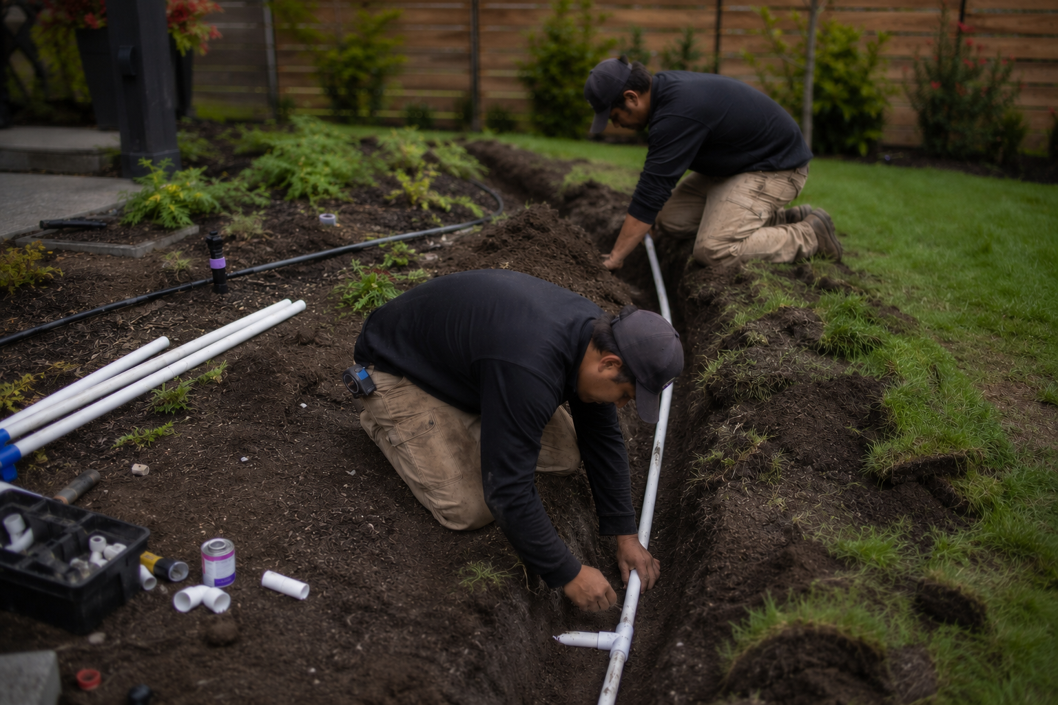 Two men installing irrigation in Seattle area