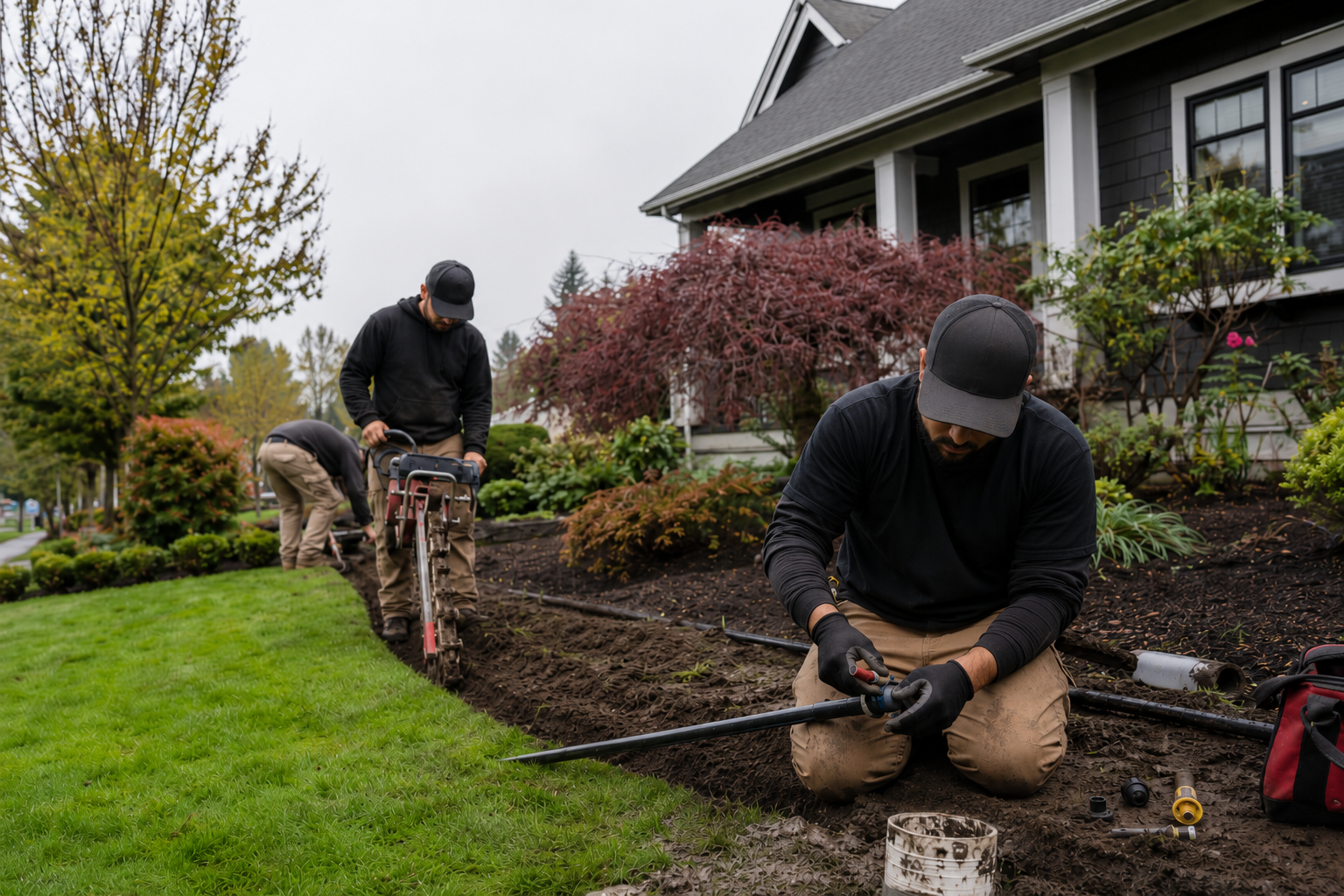 Rooting and installing irrigation in a Seattle home front yard