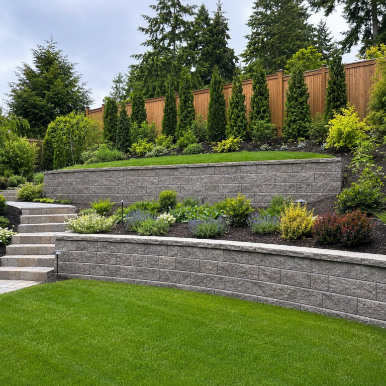 A terraced retaining wall in the backyard of seattle home
